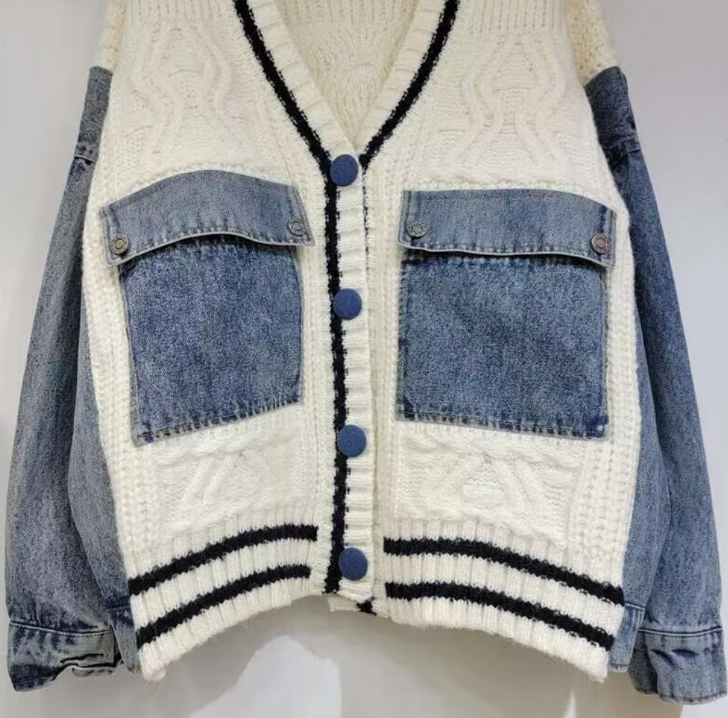 Chic Denim & Knit Patchwork Cardigan