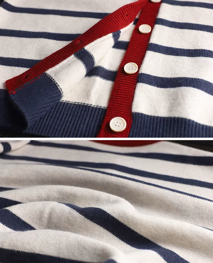 New Stripes Color Matching Button Round Neck