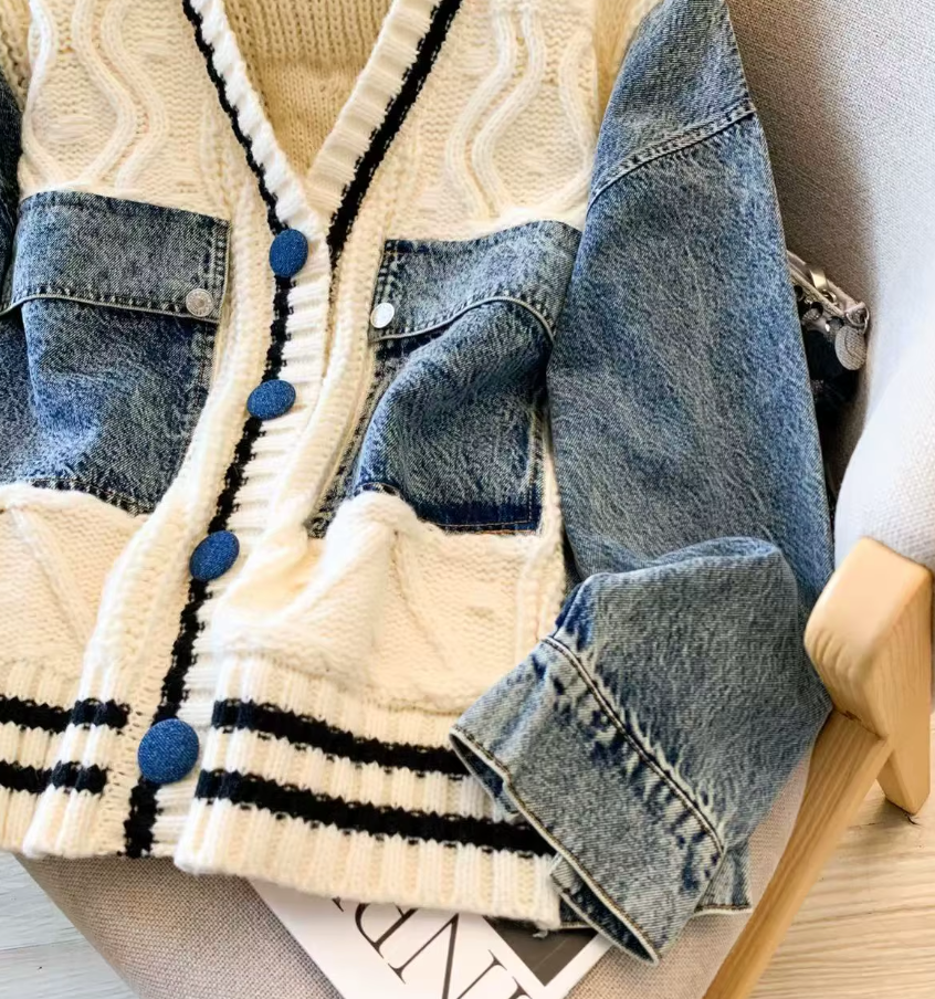Vintage Autumn Winter Beige Patchwork Denim