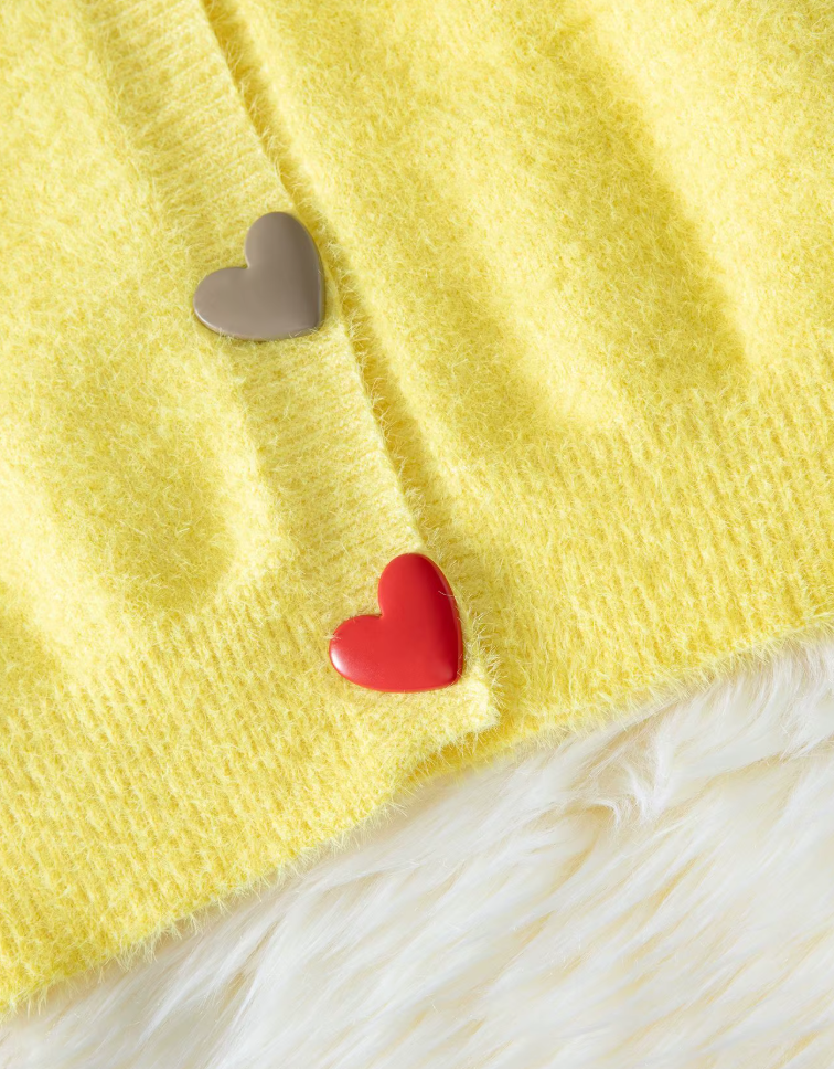 Fuzzy Heart Button Cardigan - Pastel Yellow Mohair-Style Knit
