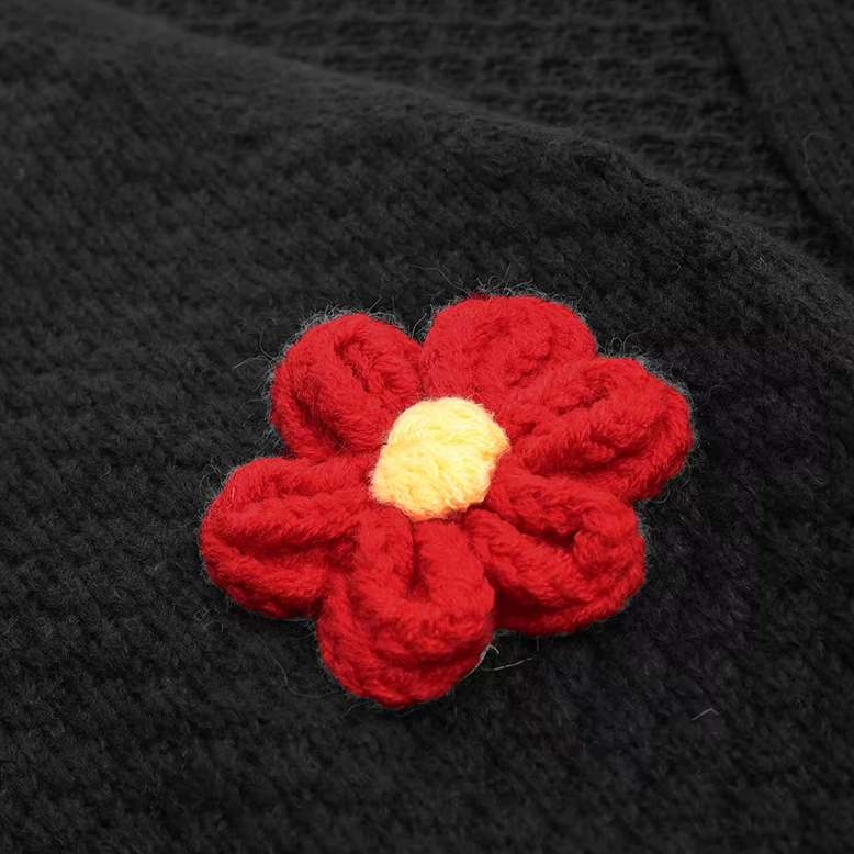 Knit Cardigan Women Colorful Flower Patches