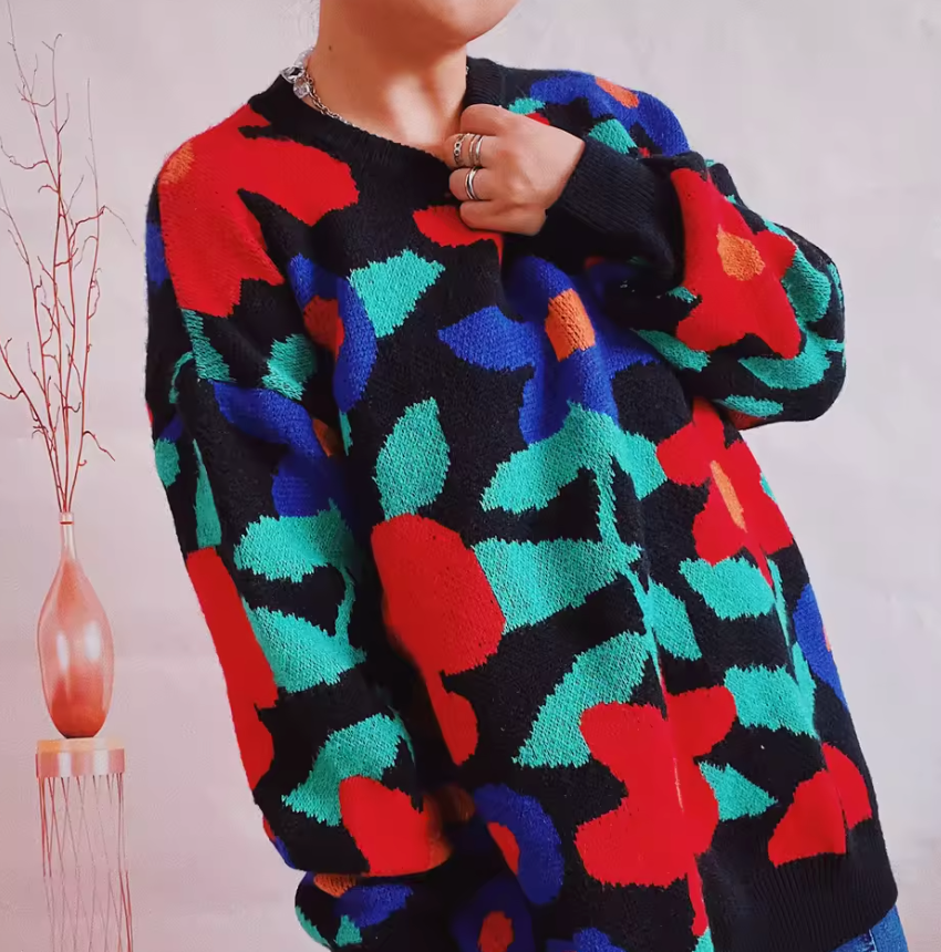 Retro Floral Oversized Jacquard Knit Sweater