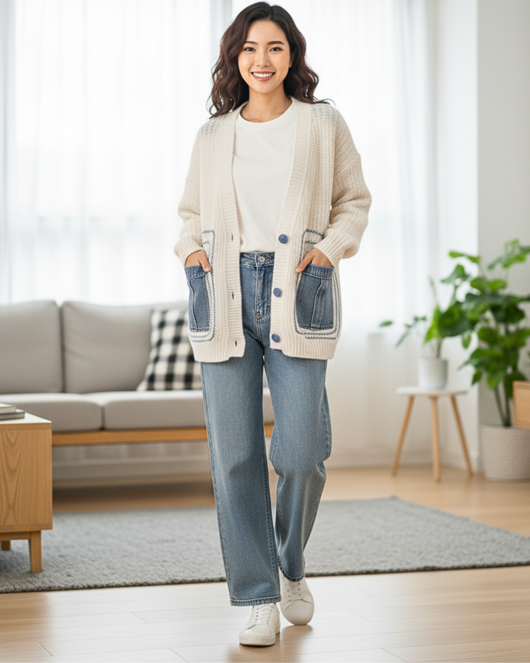Knit Cardigan with Contrast Denim Pockets