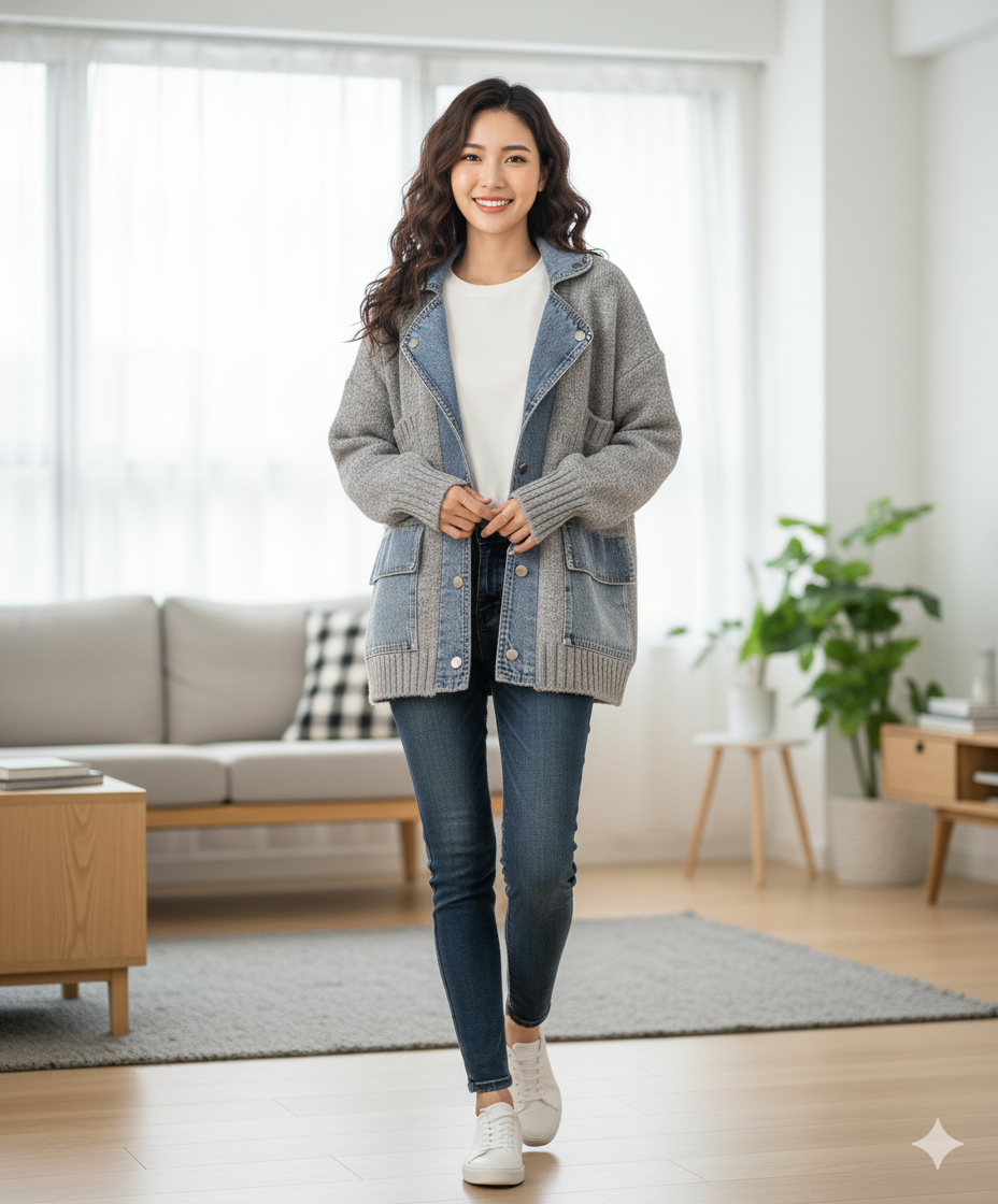 Denim-Knit Hybrid Cardigan