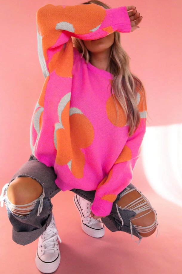 Vibrant Pink & Orange Oversized Floral Jumper
