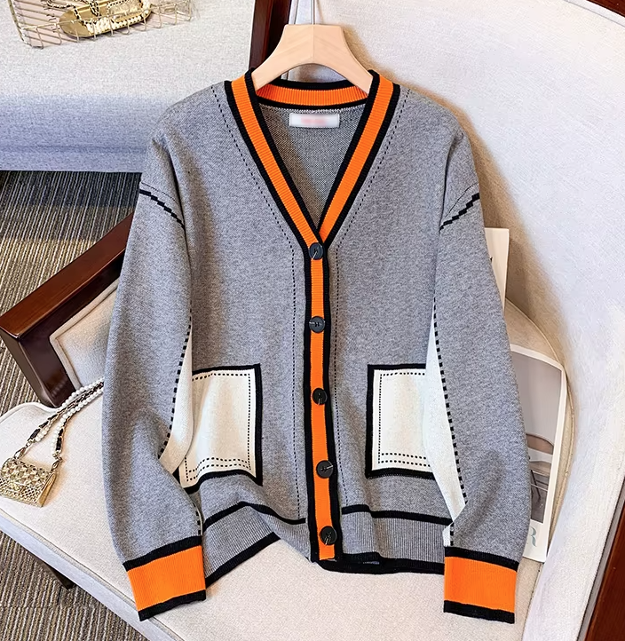 Sophisticated Gray & Orange Contrast Cardigan