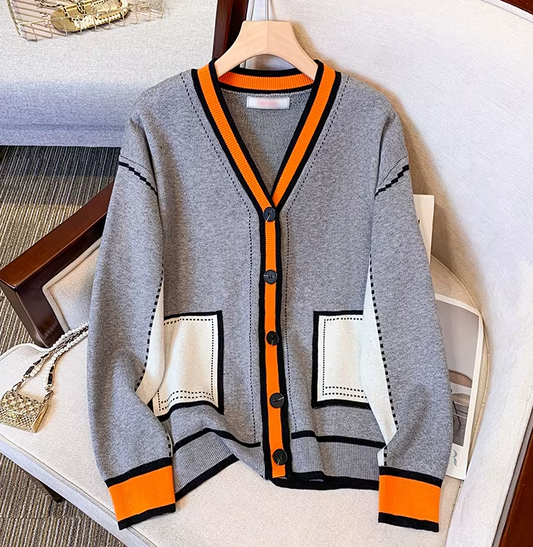 Sophisticated Gray & Orange Contrast Cardigan