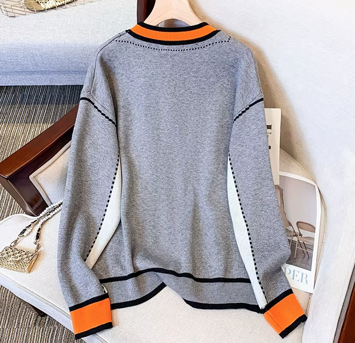 Sophisticated Gray & Orange Contrast Cardigan