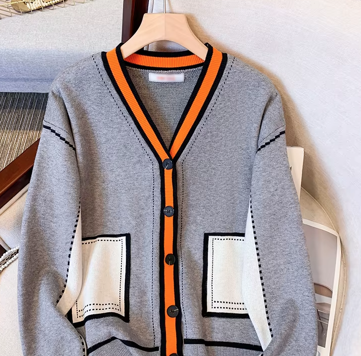 Sophisticated Gray & Orange Contrast Cardigan