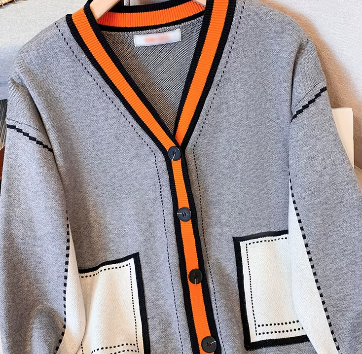 Sophisticated Gray & Orange Contrast Cardigan
