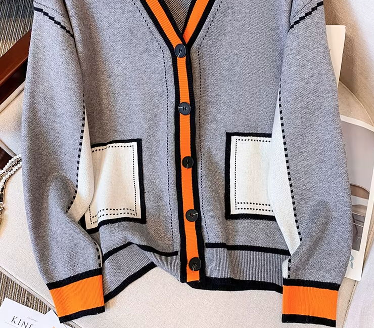 Sophisticated Gray & Orange Contrast Cardigan
