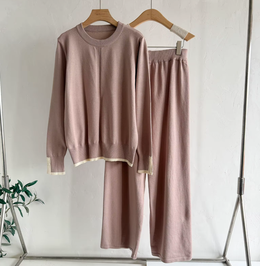 Set Women's Fashion Splice Two-Piece round Neck Elastic