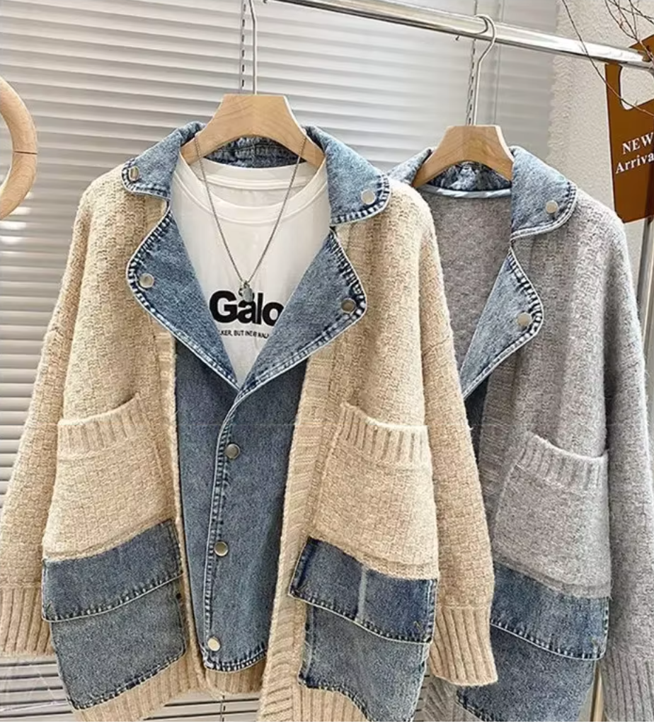 Denim-Knit Hybrid Cardigan