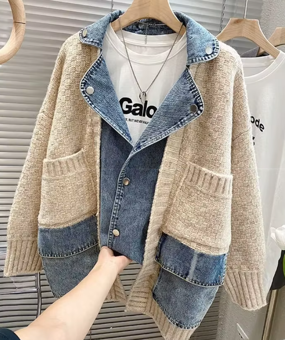 Denim-Knit Hybrid Cardigan