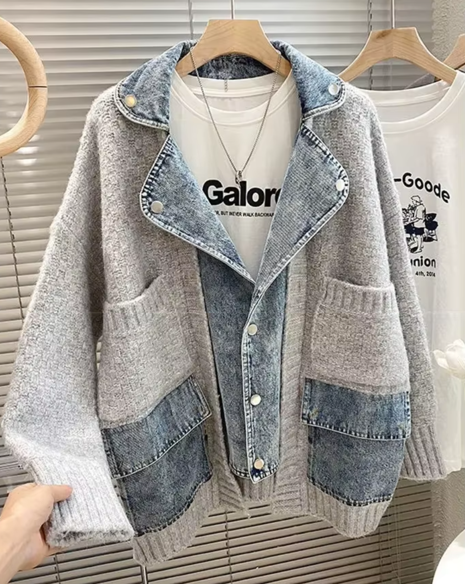 Denim-Knit Hybrid Cardigan