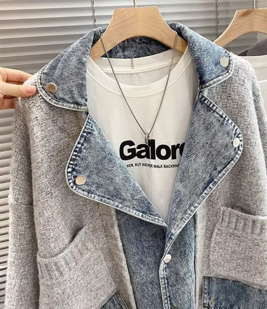 Denim-Knit Hybrid Cardigan