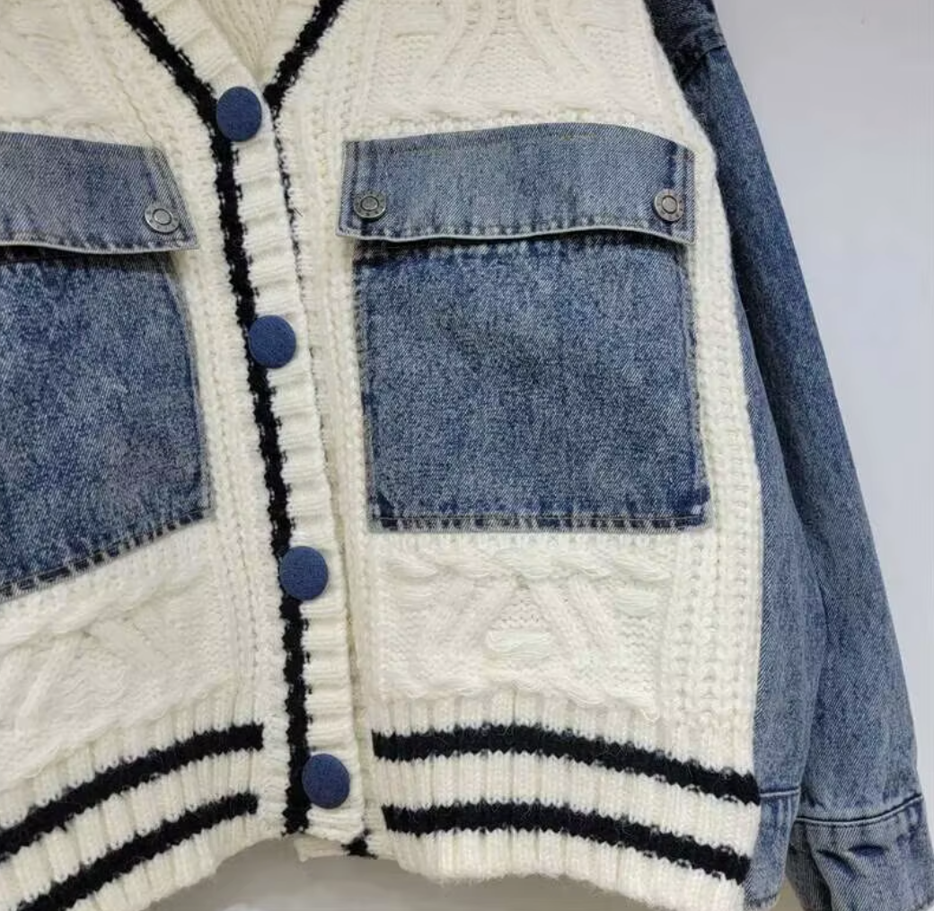 Chic Denim & Knit Patchwork Cardigan