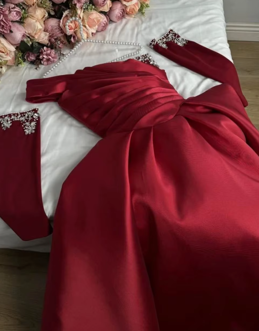 Regal Crimson One-Shoulder Embellished Satin Gown – Elegant Formal Wear