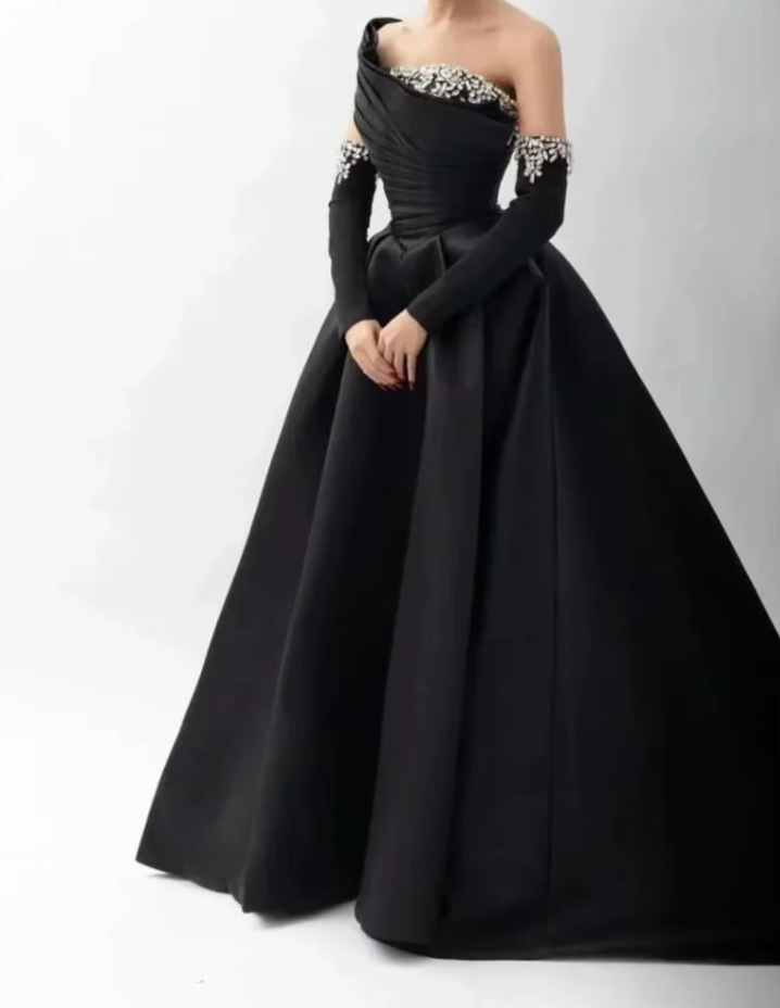 Regal Crimson One-Shoulder Embellished Satin Gown – Elegant Formal Wear