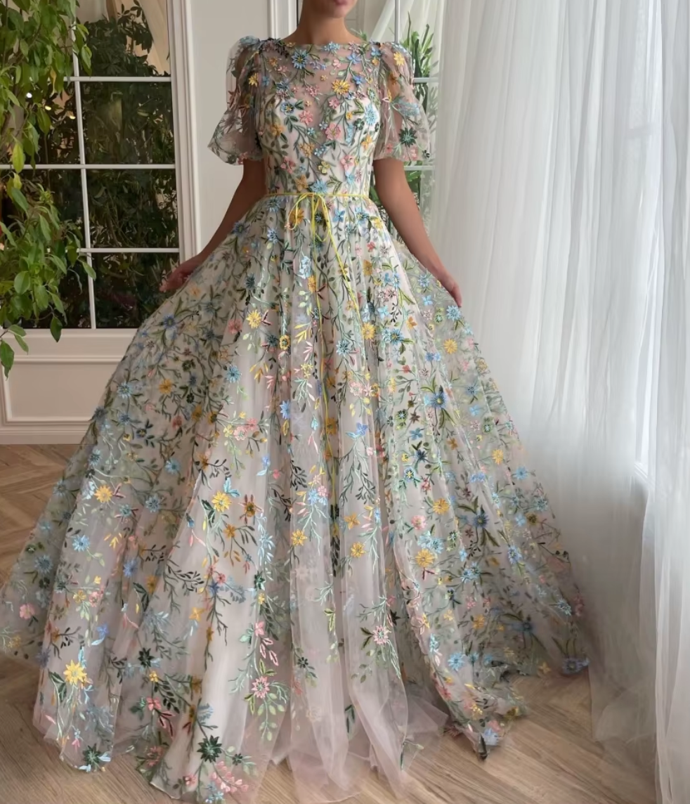 Meadow Serenade Multi-Color Floral Embroidered Gown – Whimsical Puff Sleeve Dress