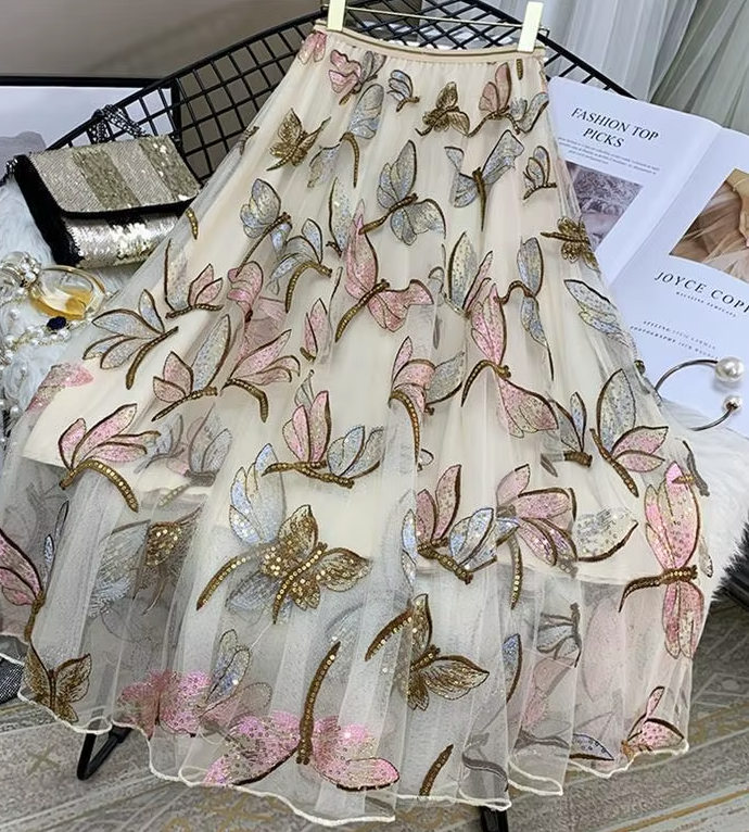 Sequin Mesh Embroidery Dragonfly Long Skirt