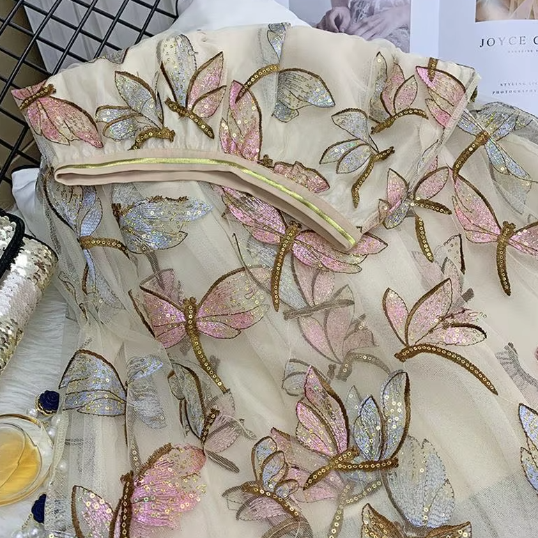 Sequin Mesh Embroidery Dragonfly Long Skirt