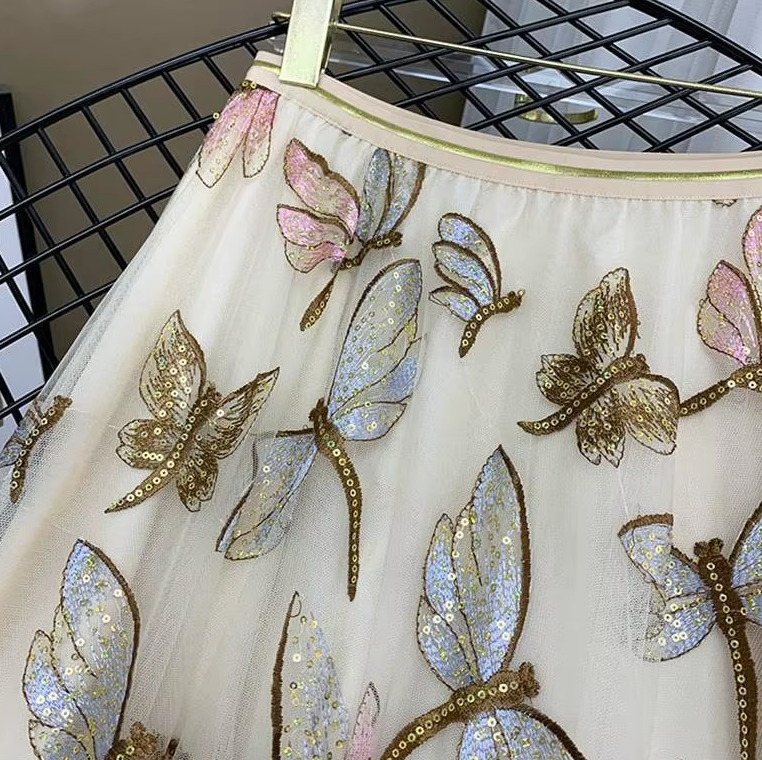 Sequin Mesh Embroidery Dragonfly Long Skirt