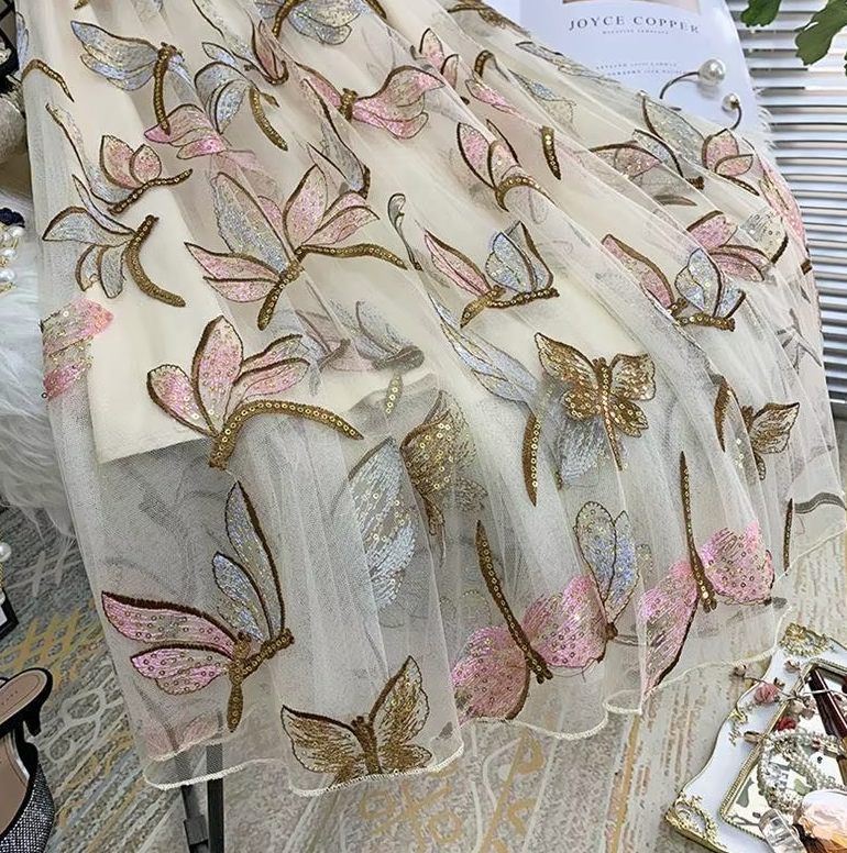 Sequin Mesh Embroidery Dragonfly Long Skirt