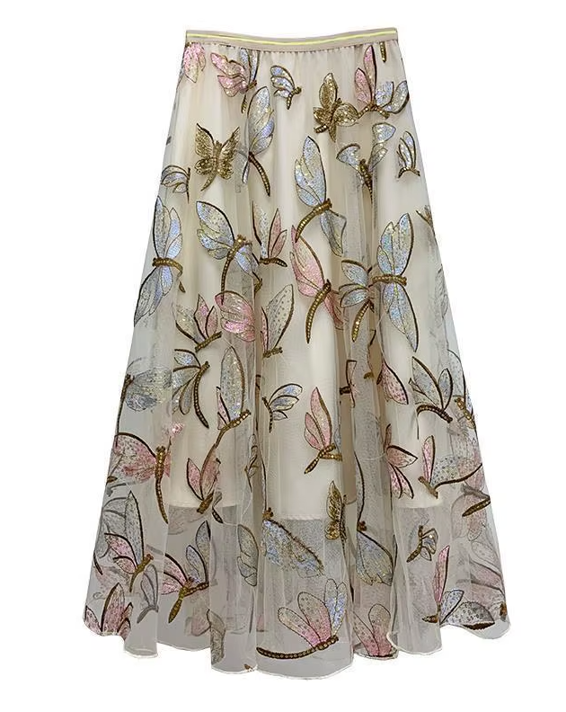 Sequin Mesh Embroidery Dragonfly Long Skirt