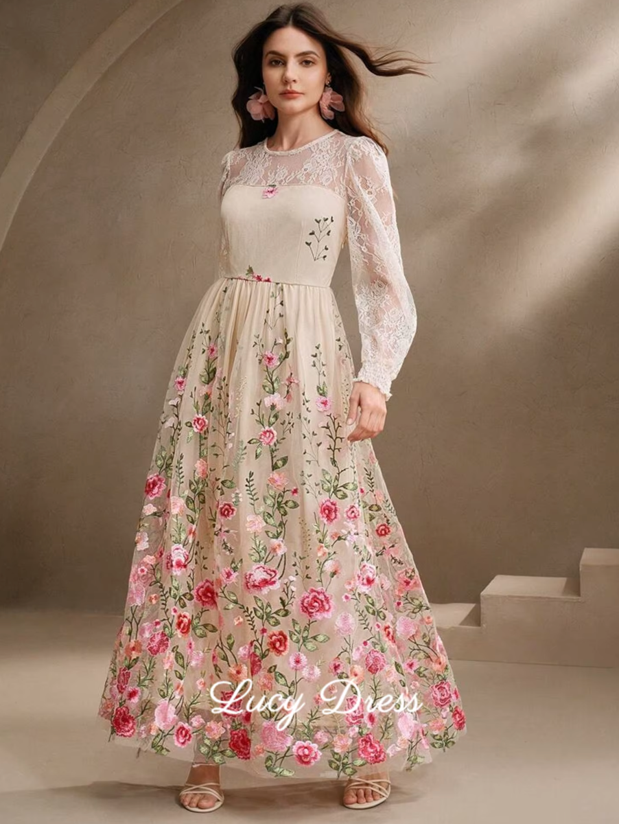 Vintage Floral Embroidery Lace Maxi Dress - Champagne & Rose