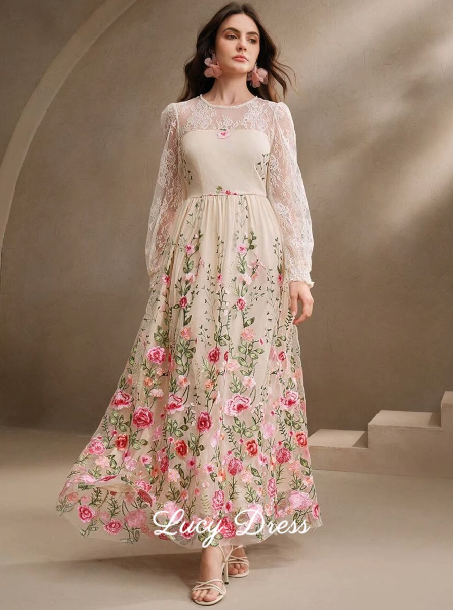 Vintage Floral Embroidery Lace Maxi Dress - Champagne & Rose