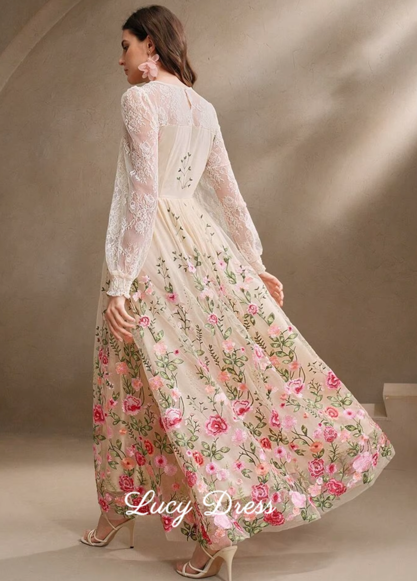 Vintage Floral Embroidery Lace Maxi Dress - Champagne & Rose