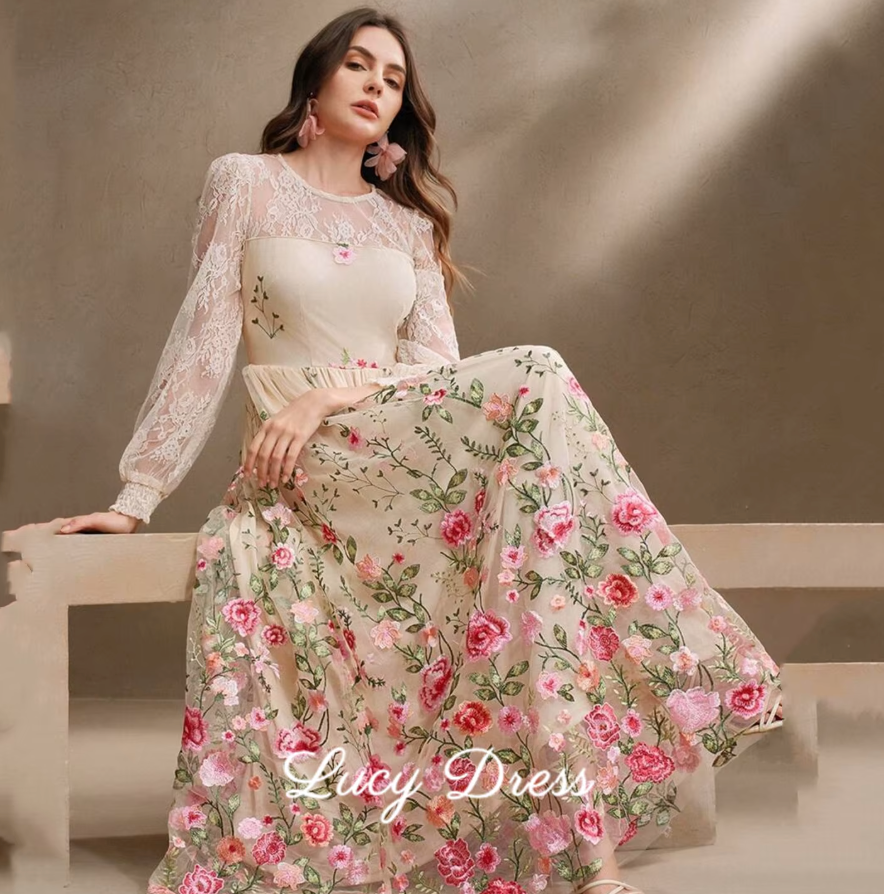 Vintage Floral Embroidery Lace Maxi Dress - Champagne & Rose
