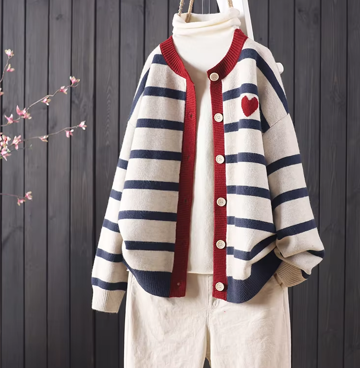 New Stripes Color Matching Button Round Neck