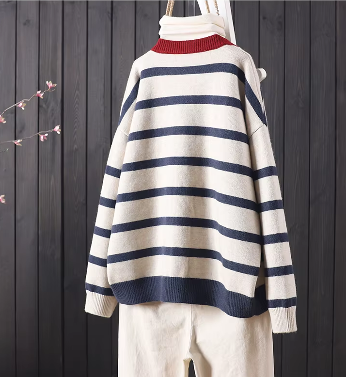 New Stripes Color Matching Button Round Neck