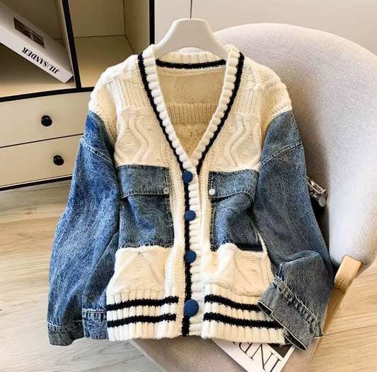 Vintage Autumn Winter Beige Patchwork Denim