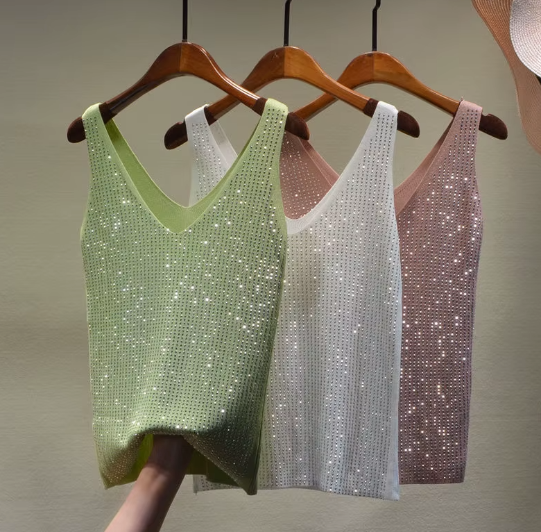 Shine Tank Tops Sequin Lace Up Tops