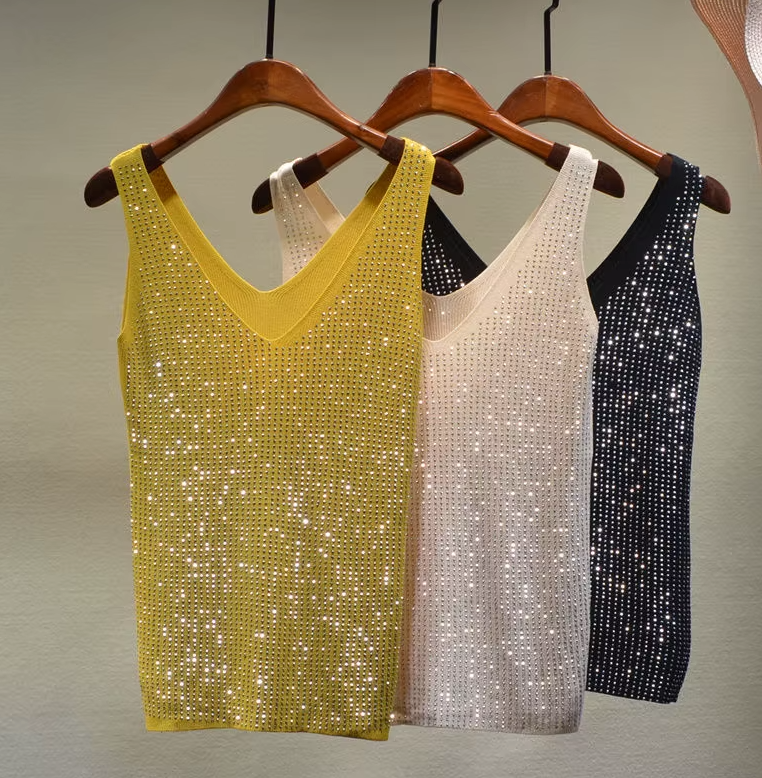 Shine Tank Tops Sequin Lace Up Tops
