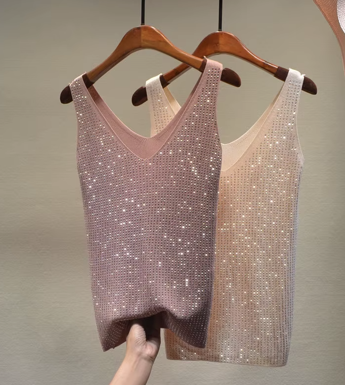 Shine Tank Tops Sequin Lace Up Tops