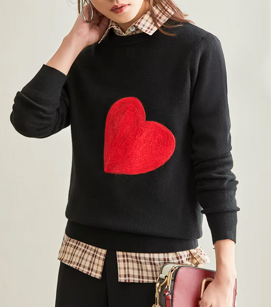 Red Heart O-Neck Simple Style Fall Spring Autumn Slim Pullover
