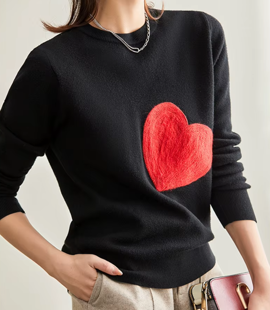 Red Heart O-Neck Simple Style Fall Spring Autumn Slim Pullover