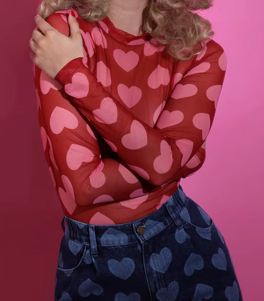 Queen of Hearts Sheer Mesh Mock-Neck Top