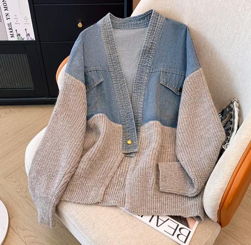 Mixed Media Denim & Chunky Knit Hybrid Cardigan
