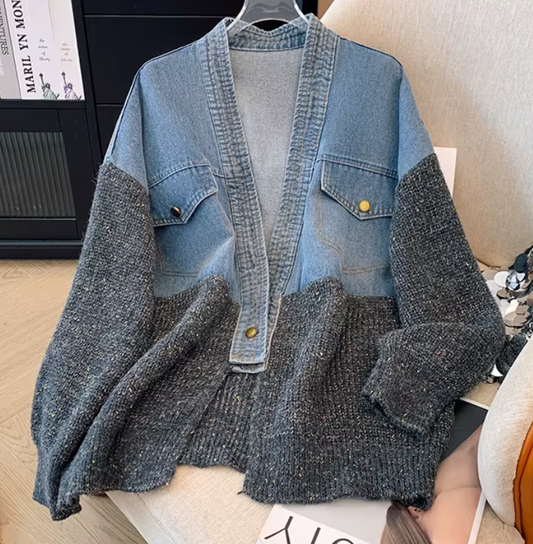 Mixed Media Denim & Chunky Knit Hybrid Cardigan