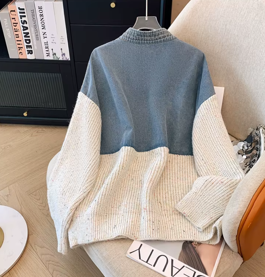 Mixed Media Denim & Chunky Knit Hybrid Cardigan