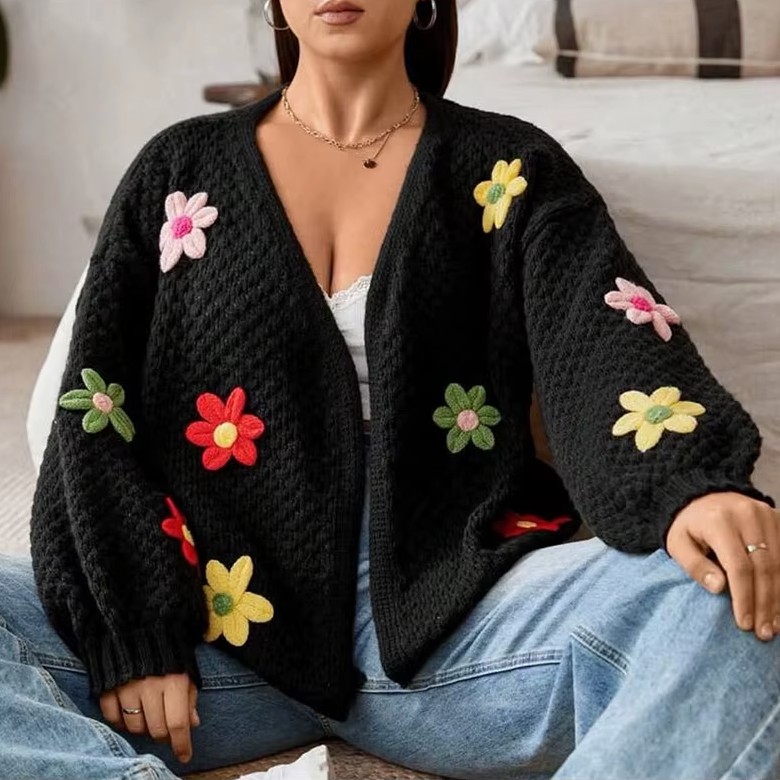 Knit Cardigan Women Colorful Flower Patches