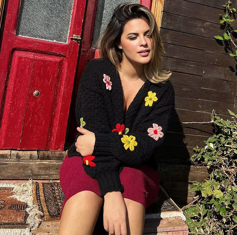 Knit Cardigan Women Colorful Flower Patches