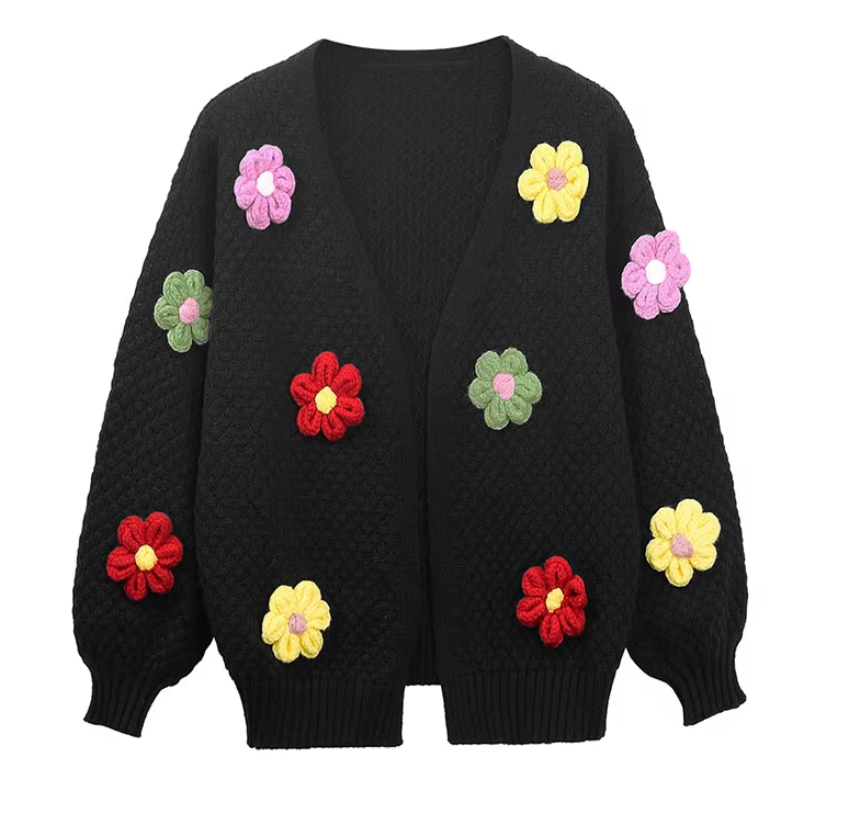 Knit Cardigan Women Colorful Flower Patches