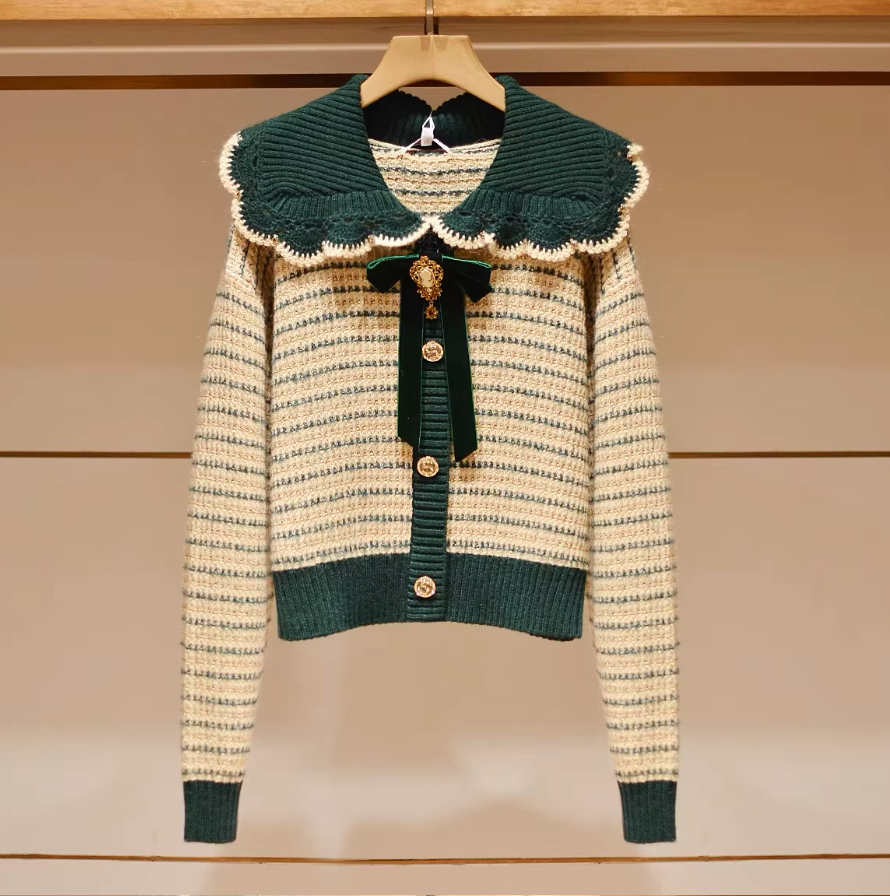 Vintage Elegant Bowtie Striped Sweater Pullover