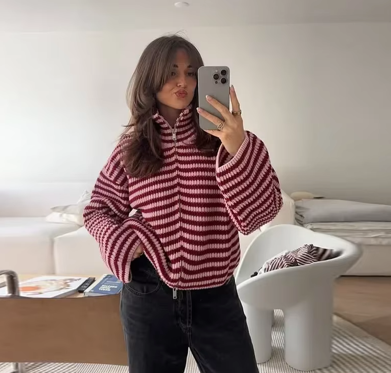 Women's Color-Block Striped Knit Sweater Turtleneck